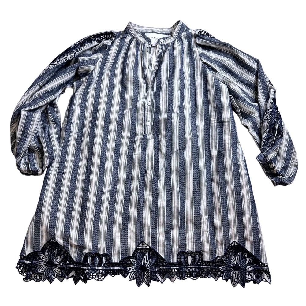 The Shirt Rochelle Behrens Blue White Striped Lace Hem Tunic Top XS
